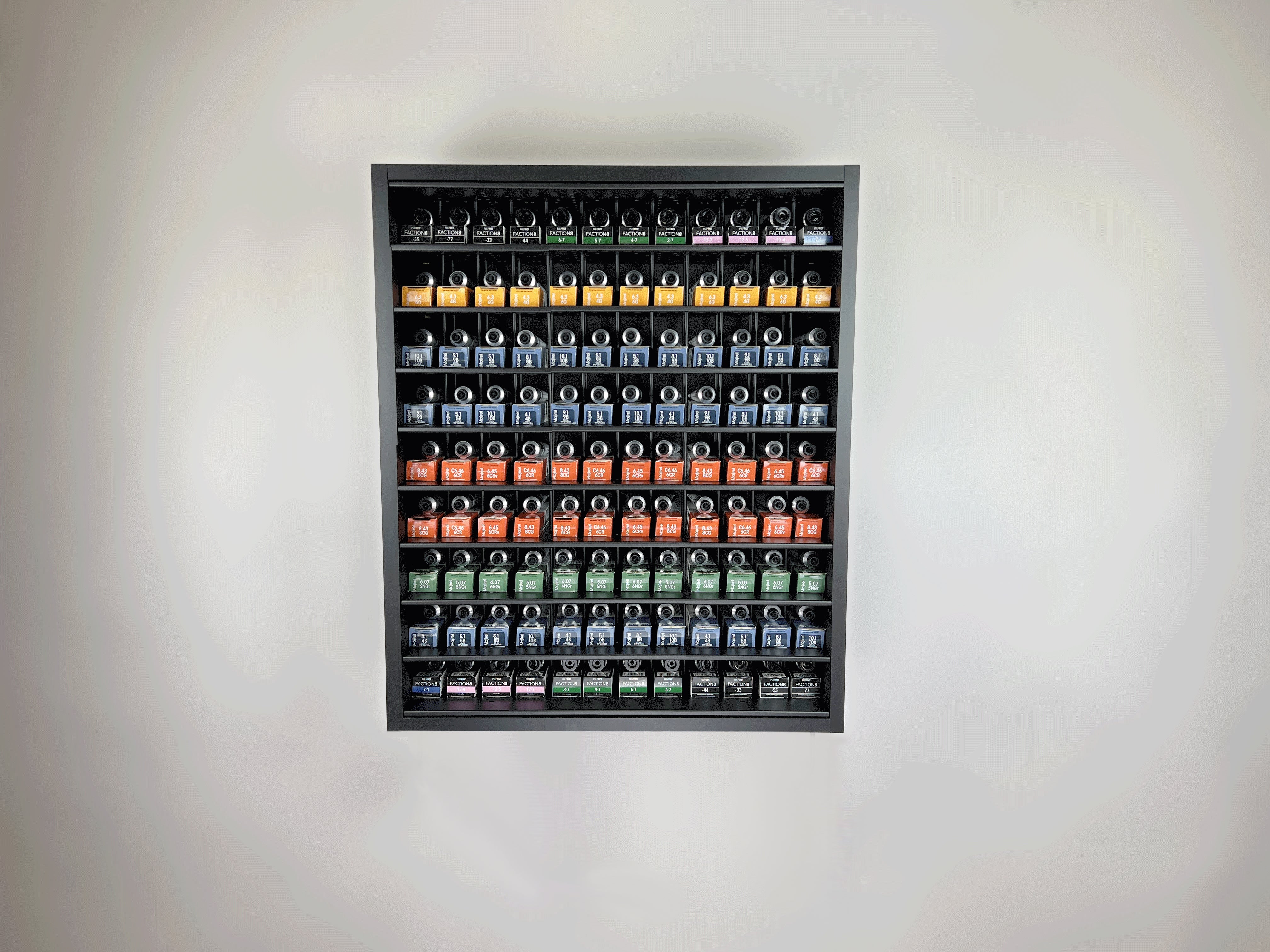 Super Matte Black Modular Hair Color Rack Storage Organizer with powder coated aluminum shelves by Dyerector organizing Pulp Riot and Majirel hair color