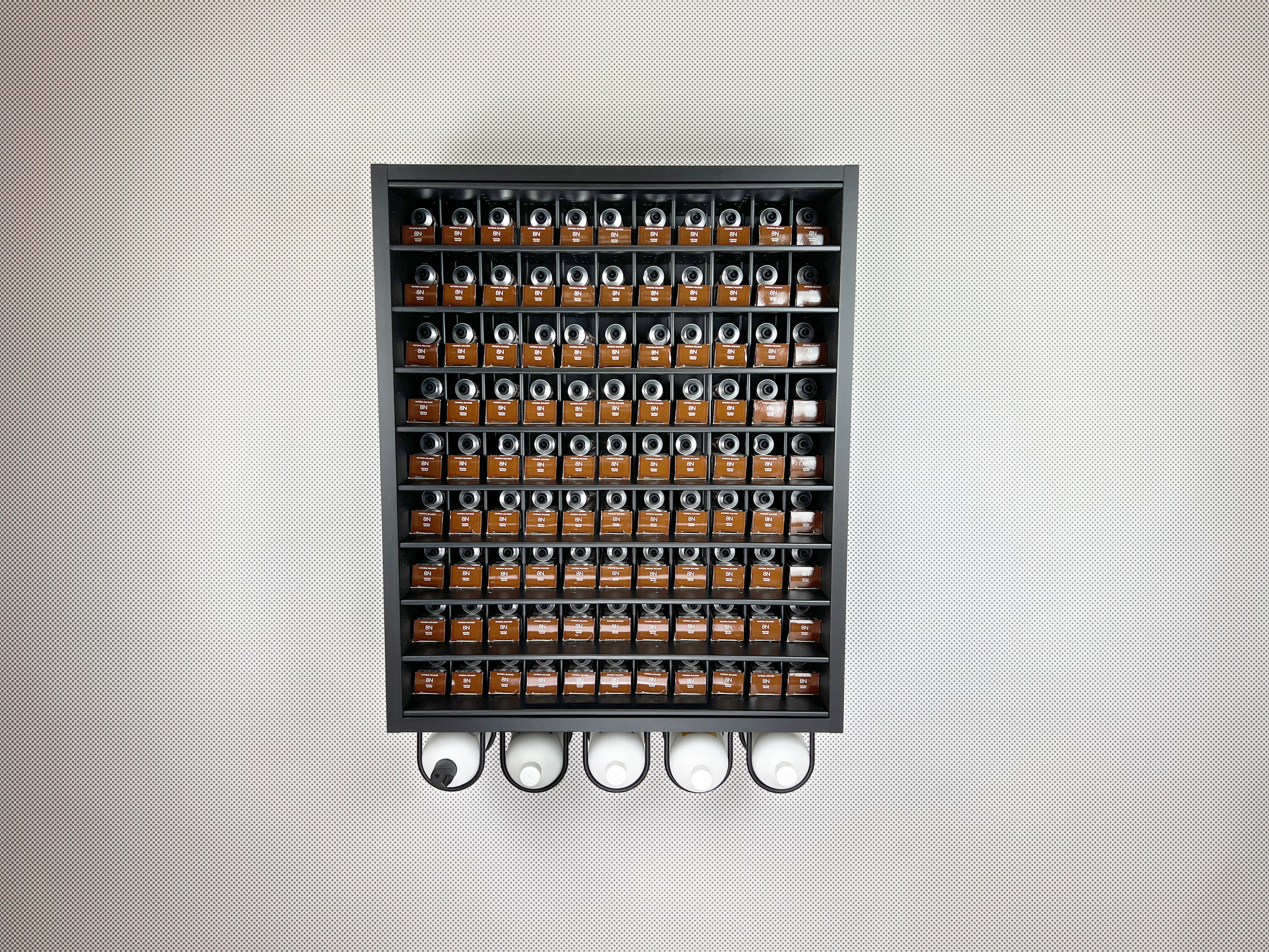 Super Matte Black Modular Hair Color Display Rack Storage Organizer with powder coated aluminum shelves and Developer Organizer by Dyerector organizing Matrix So Color hair dye