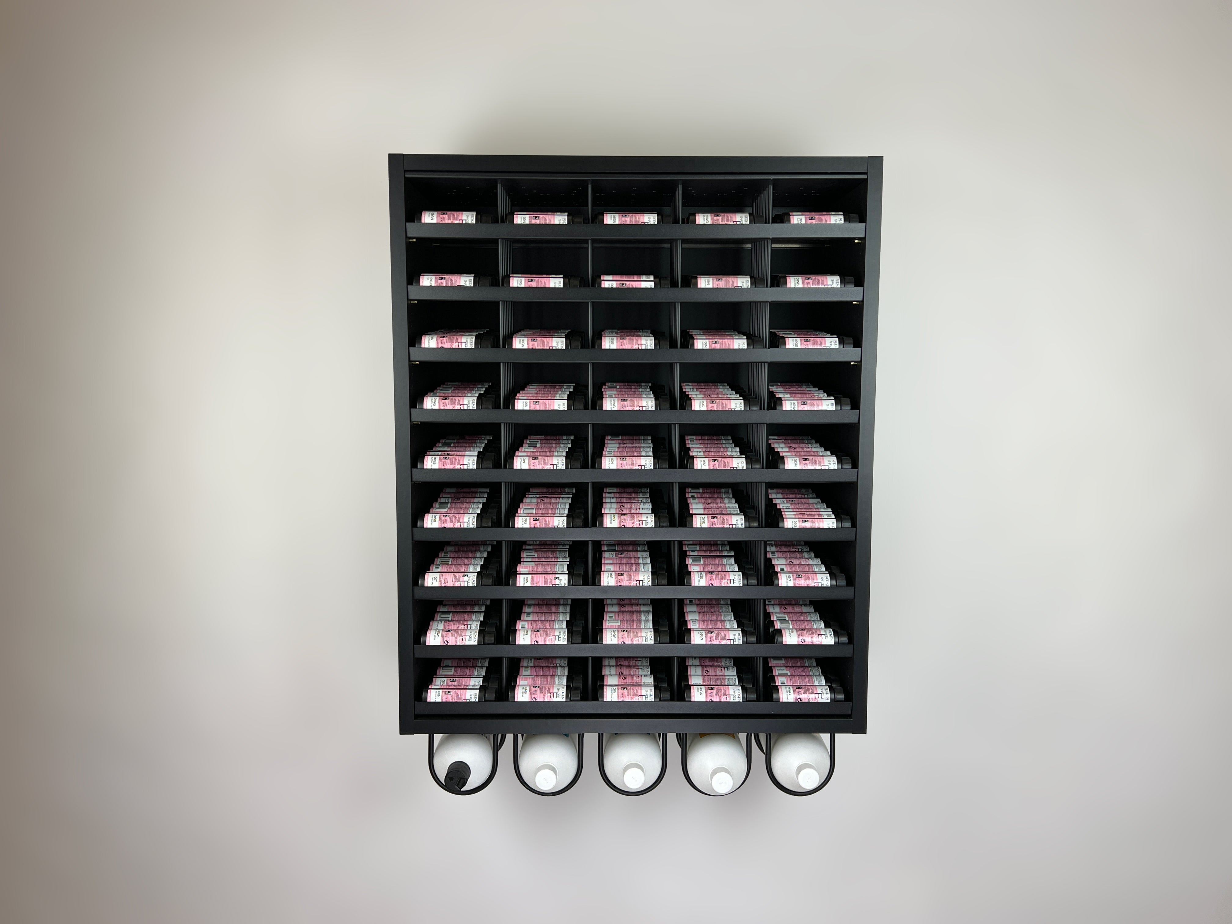 Super Matte Black Modular Hair Color Organizer with powder coated aluminum shelves and Developer Rack by Dyerector organizing Redken Shades EQ hair color and developer