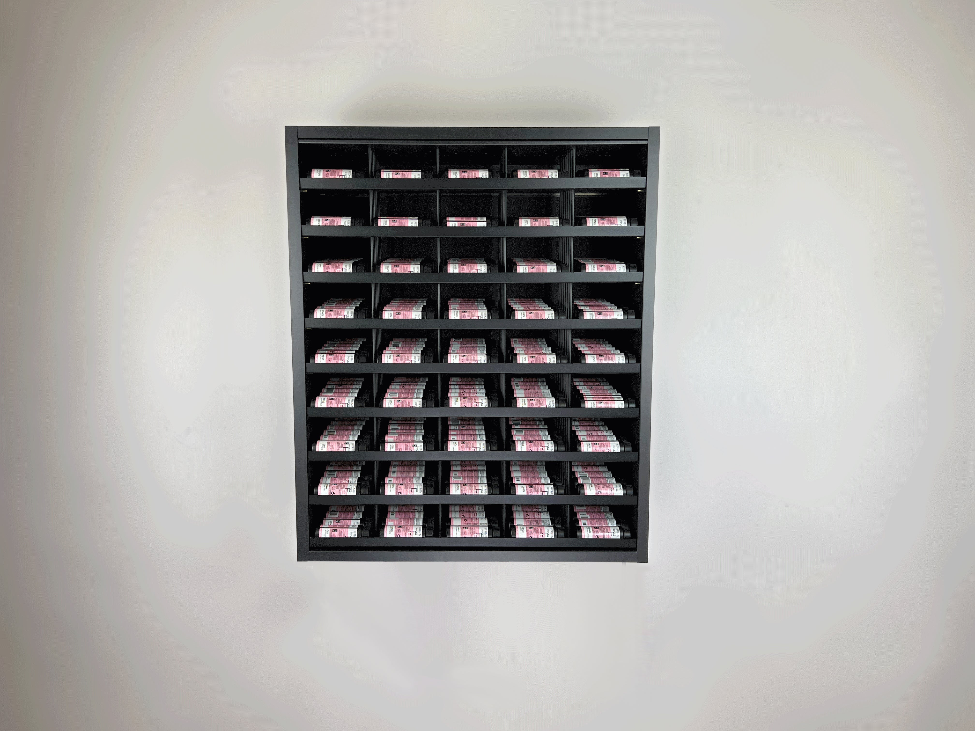 Super Matte Black Modular Hair Color Organizer with powder coated aluminum shelves by Dyerector organizing Redken Shades EQ hair color