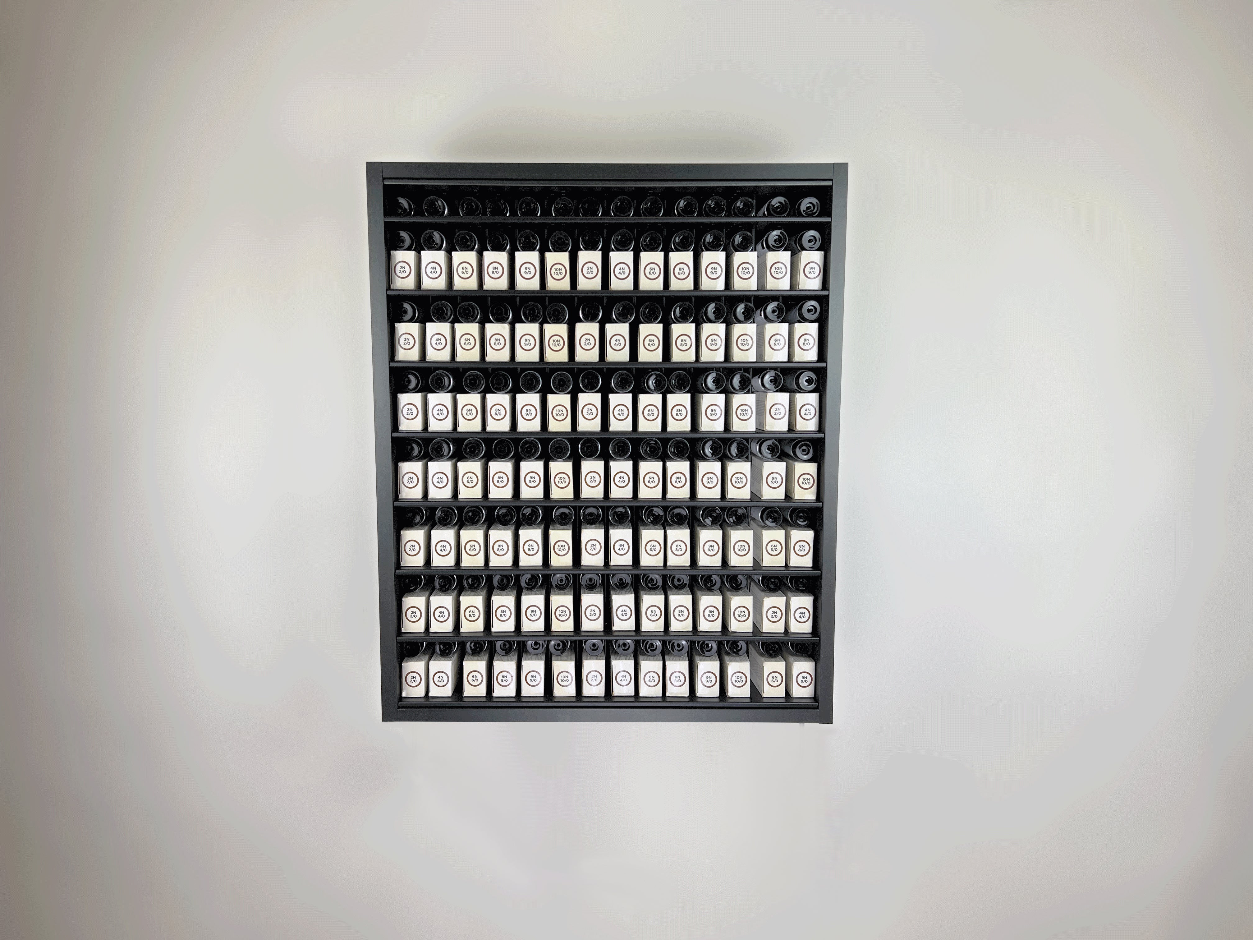 Super Matte Black Modular Hair Color Storage Organizer with powder coated aluminum shelves by Dyerector organizing Paul Mitchell XG hair color