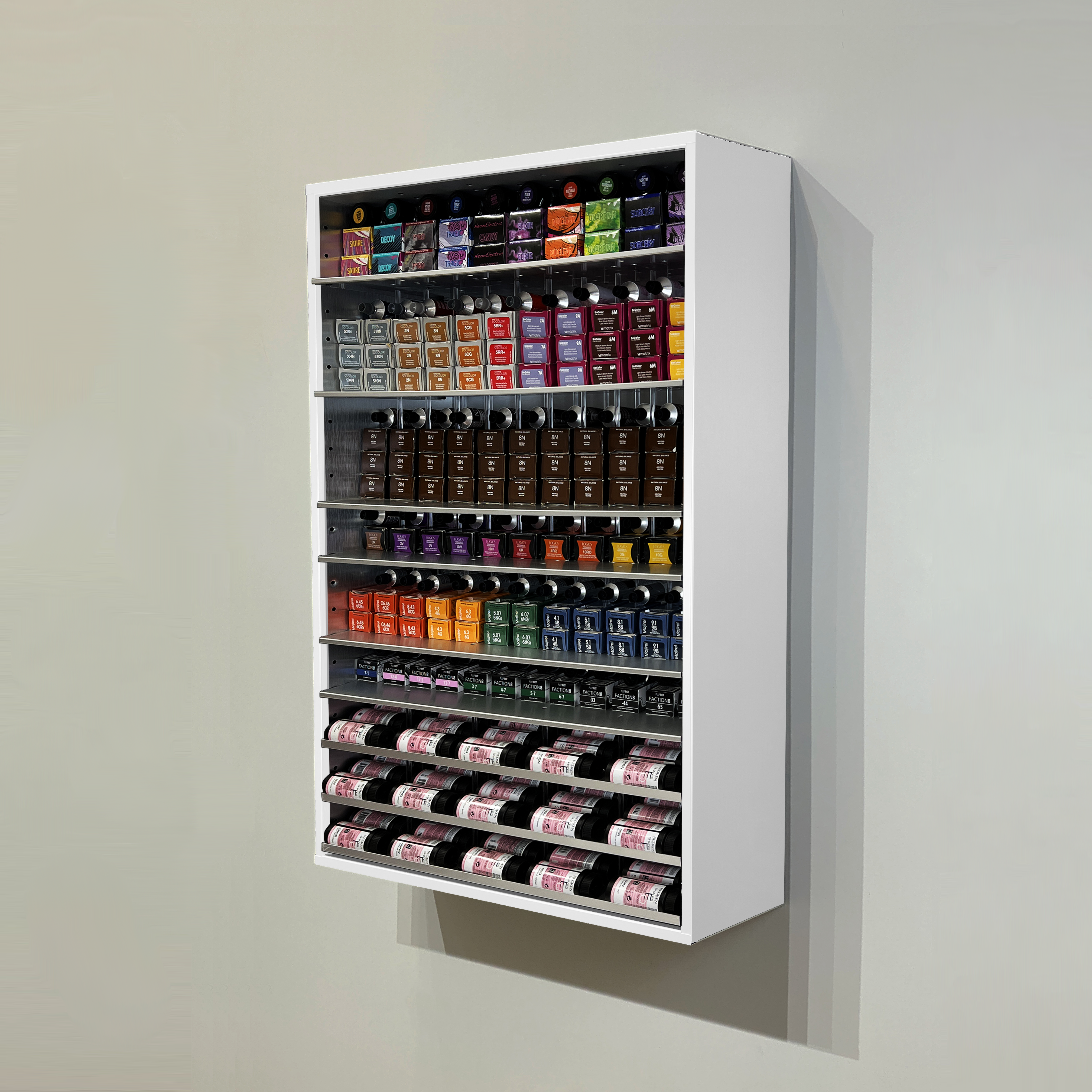 Dyerector-[One] Wall mount Hair Color Organizer Gloss White and Silver Cabinet