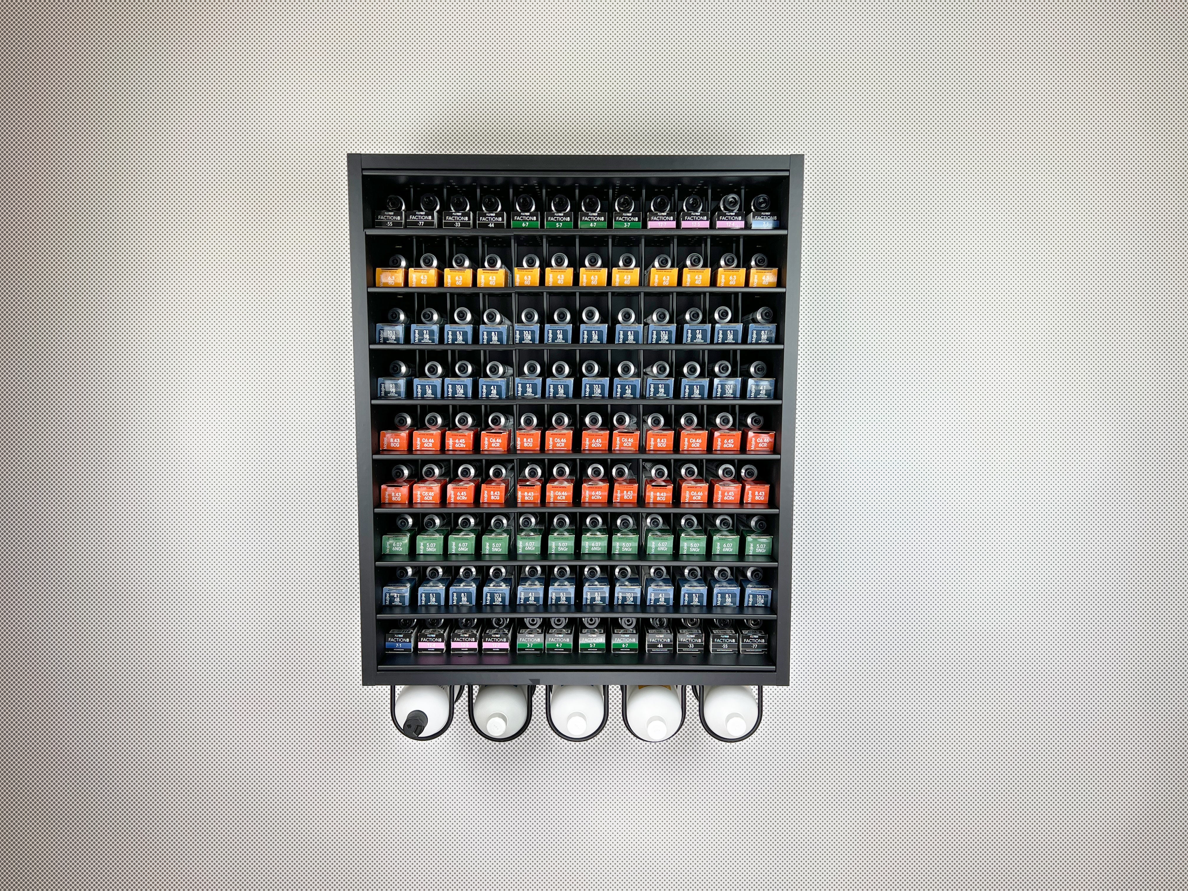 Super Matte Black Modular Hair Color Rack Storage Organizer with powder coated aluminum shelves and developer organizer by Dyerector housing Wella Koleston and Majirel hair color